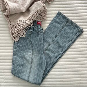 Y2K Retro Pinstriped Up Rise Bell Bottom Jeans Bobo Hippie Flare Denim Size 9/10